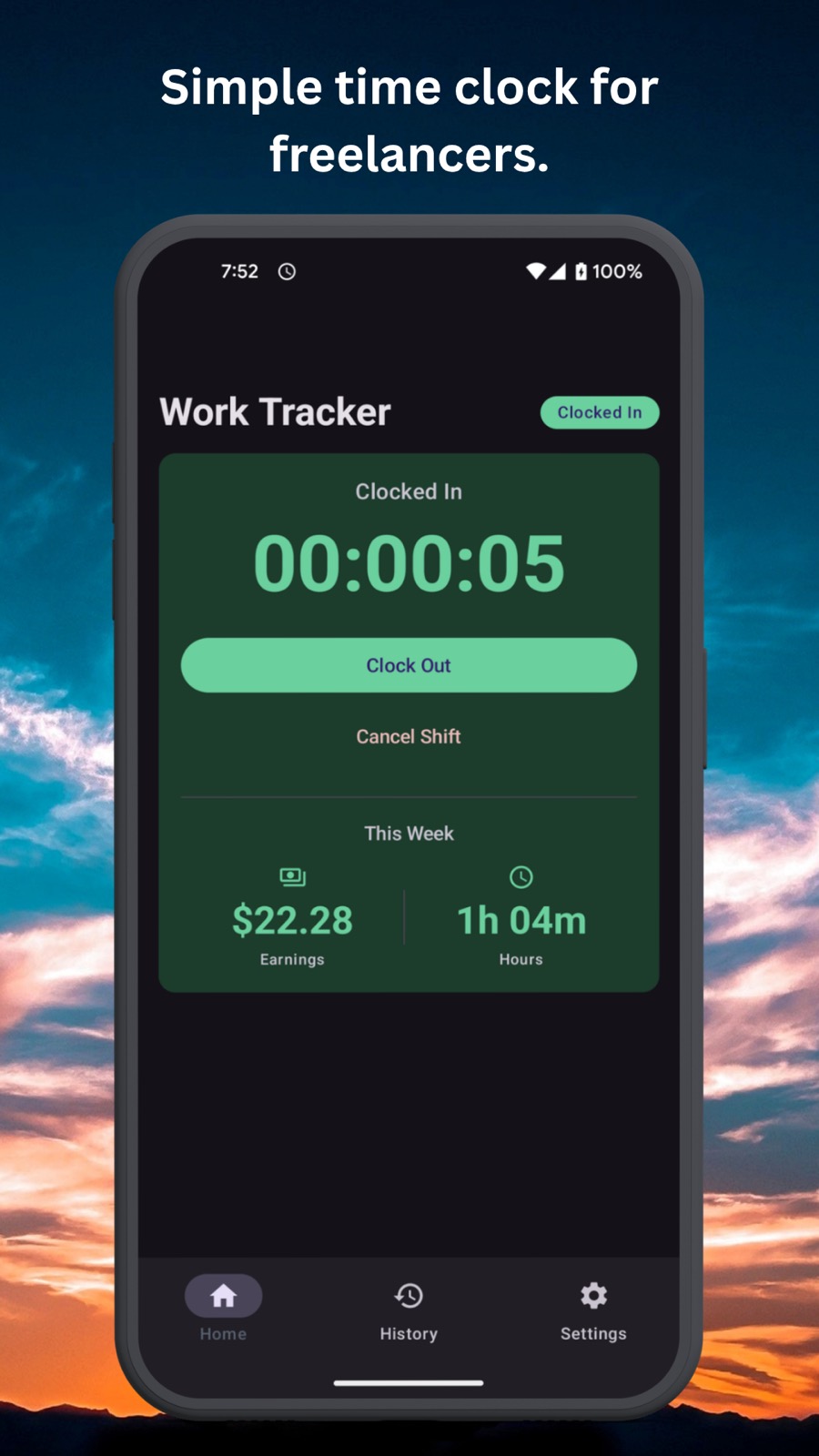 Work Hours Tracker history screen showing multiple past shifts with net earnings and hourly profitability over time